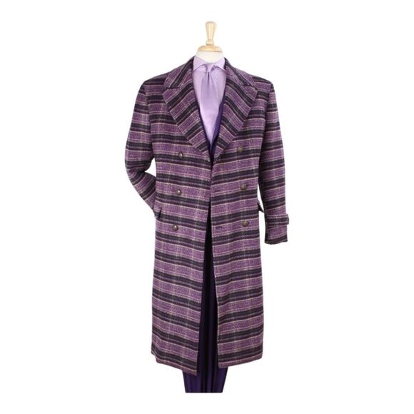 MEN'S VENO GIOVANNI 100% WOOL FULL LENGTH PURPLE DOUBLE BREASTED TOP COAT CB-11. - Picture 2 of 2